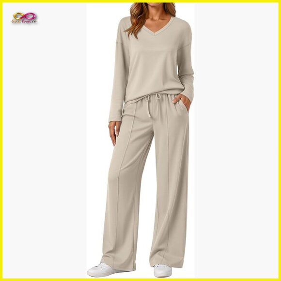 Pants - V-Neck Tracksuit Set Wide Leg Pants Lounge Athleisure Travel Outfit Comfortable